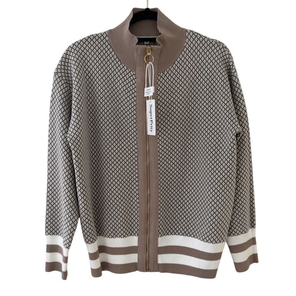 Super Prity‎ Women Medium Taupe and Cream Zip-Front Knit Cardigan